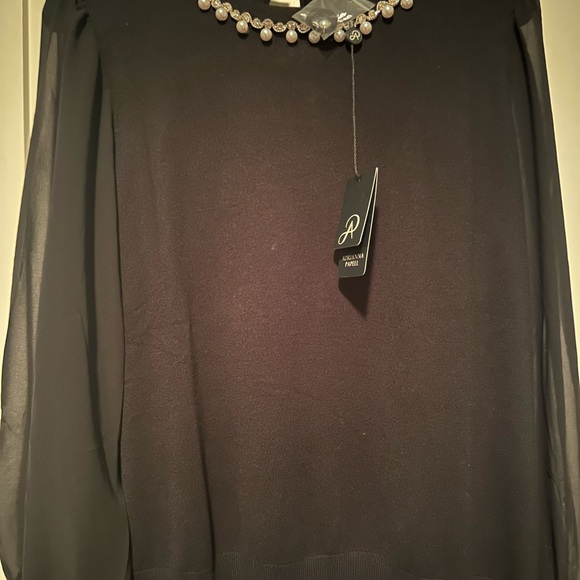 Black Sheer Sleeve Top with Pearl Detail - Picture 1 of 5